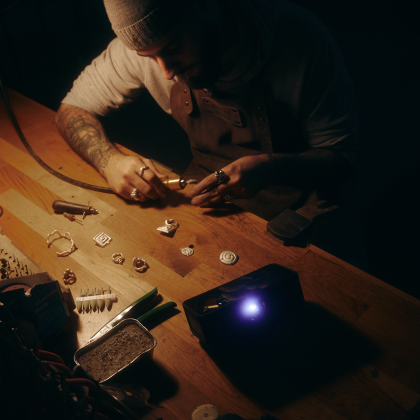 The world's smartest and most portable projector, Estelle One, is placed on an oak workbench, with the projection beam visible, while the touchscreen is turned off. A man wearing a leather apron, a gray beanie, and a white sweatshirt rolled up to the elbow sits beside it. His arm, below the rolled-up sleeve, is tattooed. The man is crafting rings of various shapes and designs, with rings and tools scattered across the table.